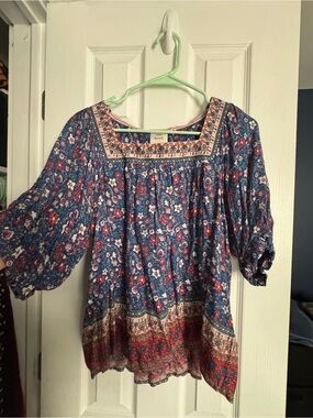 Knox Rose Blue Floral Peasant Tunic with Pink Border
